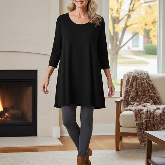 Joan Vass Long Black Tunic Top With Side Slits 1X - Picture 1 of 8